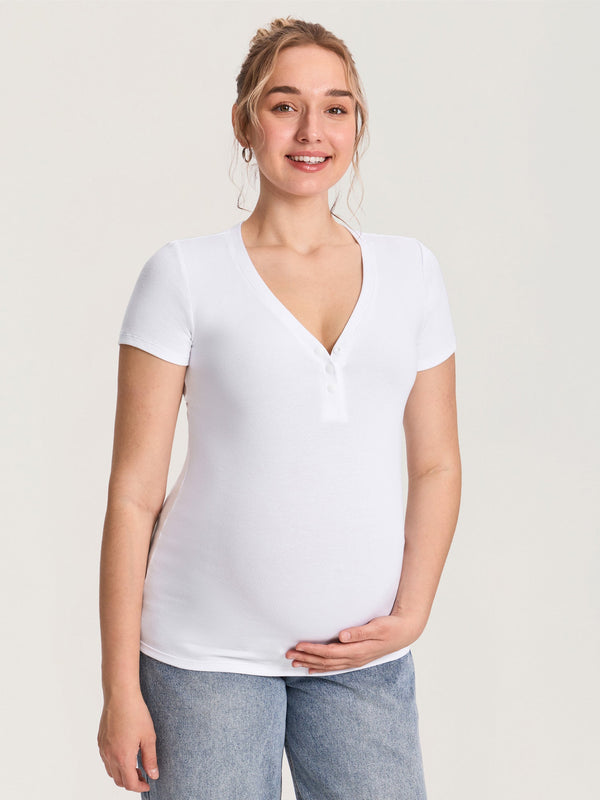 Cotton Rib Henley Maternity Short Sleeve Top