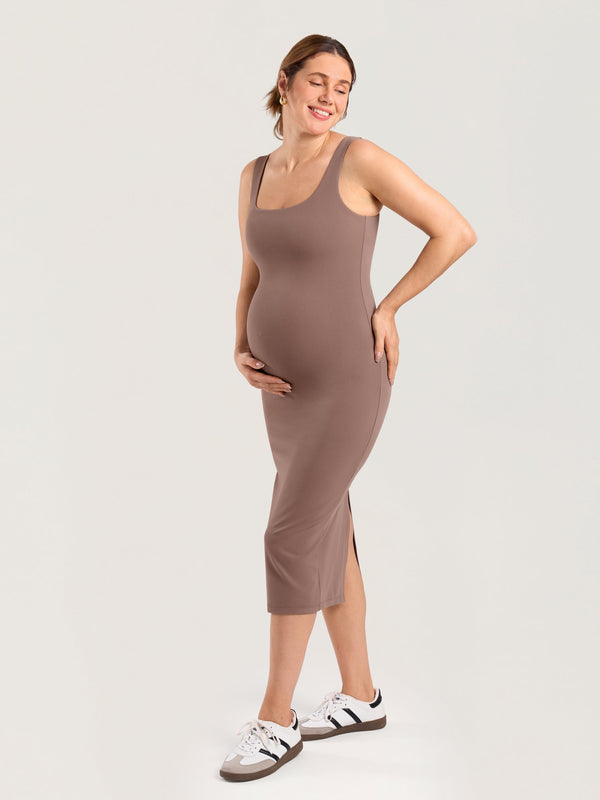 Bodycon Maternity Midi Dress with Back Slit