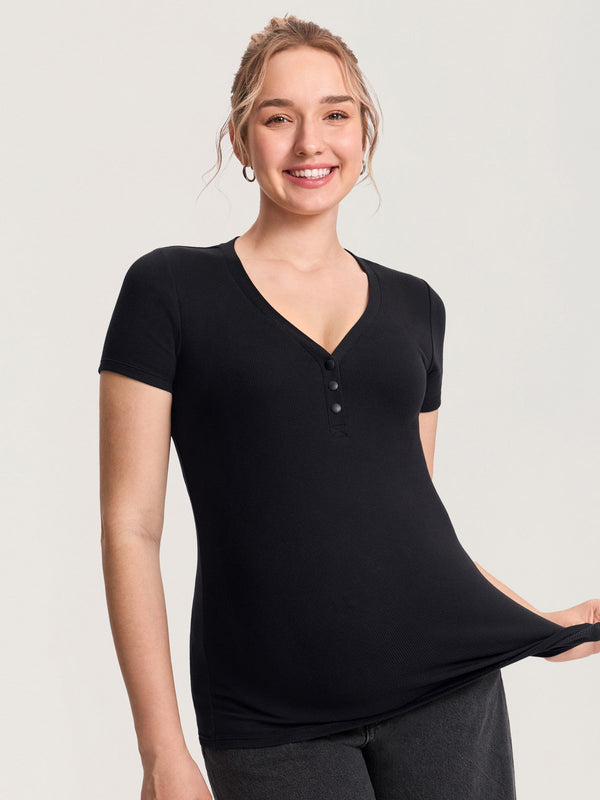 Cotton Rib Henley Maternity Short Sleeve Top