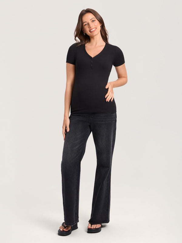 Cotton Rib Henley Maternity Short Sleeve Top