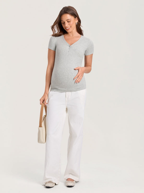 Cotton Rib Henley Maternity Short Sleeve Top