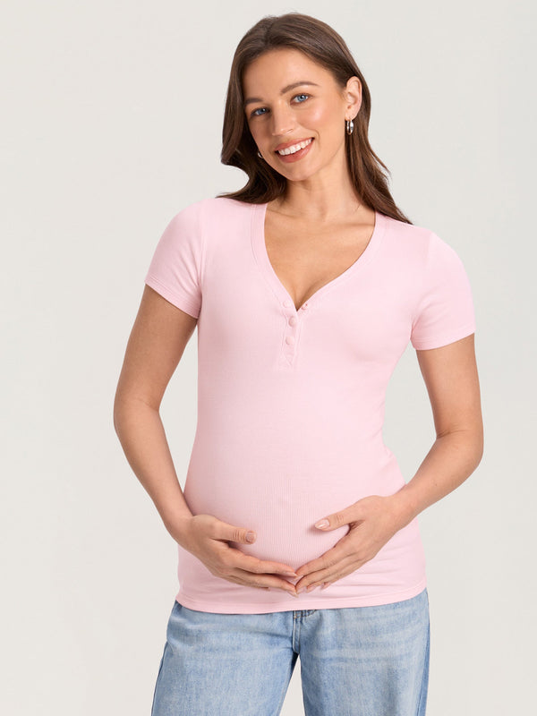 Cotton Rib Henley Maternity Short Sleeve Top