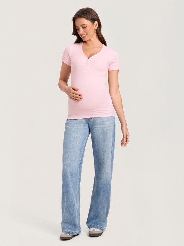 Cotton Rib Henley Maternity Short Sleeve Top